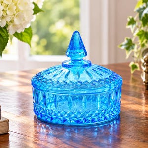 Vintage Teal Blue Candy Dish w/ Lid, Diamond Princess Pattern-Indiana Glass Company