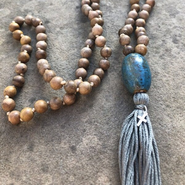 Mala- Christian Prayer beads- Sandalwood, clay pottery with a sterling silver cross