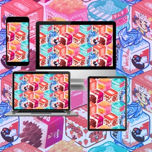Puede incluir: Ilustración digital con un patrón repetitivo de cajas de aperitivos y alimentos japoneses coloridos. El patrón se muestra en un teléfono inteligente, una computadora portátil, un monitor de escritorio y una tableta. El fondo incluye cajas de aperitivos e ilustraciones adicionales.