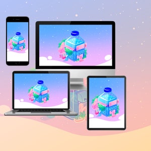 May include: A digital illustration of a blue water bottle with a house inside. The house has pink flowers and green plants growing on it. The background is a light blue and pink gradient with white stars.