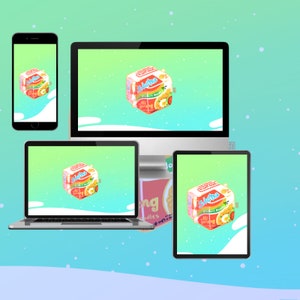 Könnte beinhalten: Eine digitale Illustration eines Pakets Instantnudeln, das auf den Bildschirmen eines Smartphones, Tablets, Laptops und Desktop-Computers angezeigt wird. Das Paket ist rot, gelb und weiß mit Text und einem Bild von Nudeln. Der Hintergrund ist ein Grün-Blau-Verlauf.