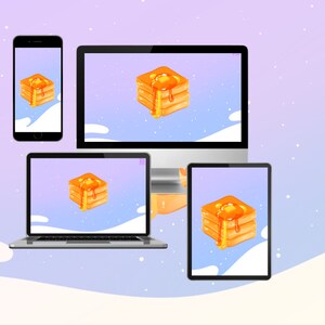 May include: A digital illustration of a stack of pancakes with a drizzle of honey on top. The image is displayed on a variety of devices, including a smartphone, laptop, and desktop computer. The background is a light purple gradient with white clouds.