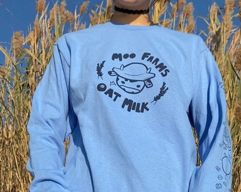 Moo Farms Oat Milk, locally screen printed long sleeve shirt, 100% cotton, cute food