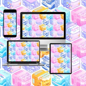 May include: A digital illustration of a repeating pattern of colorful ramen noodle boxes. The boxes are arranged in a hexagonal pattern and feature different flavors, including "Chicken", "Sakura", "Sunflower", and "Arctic Rain".