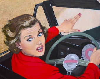 Heartland Terror - Large Original Acrylic Pulp Painting of scared woman in convertible sports car in wheat field ready to hang