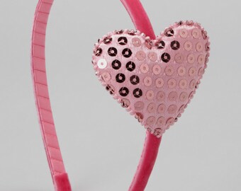 Pink Velvet Hard Headband, Pink Headband with Sequin Heart, Valentine's Day Heart Headband, Pink Sequin Heart Headband, Baby Headband