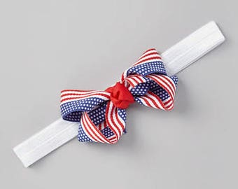 American Flag Bow Headband, American Flag Headband, Fourth Of July Headband, Baby Girl Headband, White American Flag Bow Headband