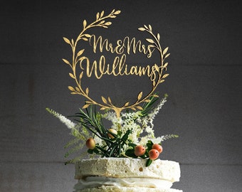 Personalized Wedding Cake Topper With Rustic  Wreath,  Personalized Surname Wedding Cake Topper, Rustic Wreath Cake Topper Wedding