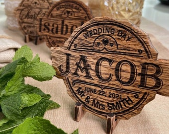 Round Place Cards With Engraved Guest Name, Wedding Date  And Newlywed Couple Surname. Name Place Settings
