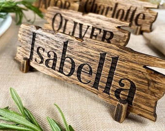 Personalized Wooden Place Cards for Wedding, Rustic Oak Name Place Cards, Unique Wood Place Settings, Engraved Wedding Reception Name Cards