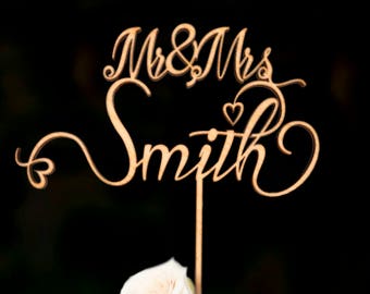 Personalized wedding cake topper with surname.  Rustic wedding cake topper. Mr and Mrs Cake topper.  Custom cake topper. Personalized topper