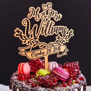 Wedding Cake Topper with Mr Mrs Custom engraved Surname. Rustic Wedding Cake Topper. Wood cake topper. Engraved wooden cake topper.