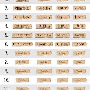 Op de afbeelding: Een tabel met 12 rijen met verschillende lettertypen voor de namen Charlotte, Isabella, Oliver en Jacob. Elke naam wordt weergegeven op een bruin houten bord.