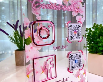 Panneau personnalisé de médias sociaux avec logo Facebook Instagram, panneau de code QR avec logos 3D, panneau de médias sociaux d'entreprise
