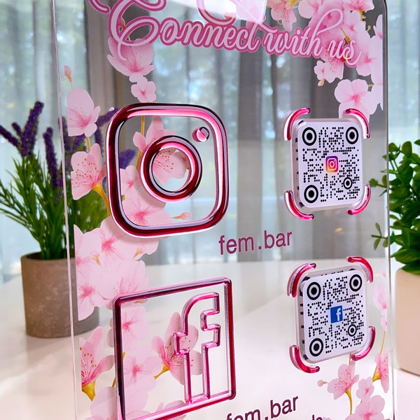 Personalized Social Media Sign With Instagram Facebook Logo, QR Code Sign with 3D Logos, Business Social Media Sign