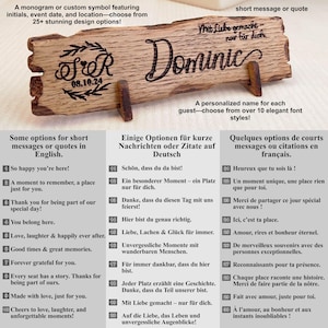 May include: A wooden sign with the name "Dominic" engraved on it. The sign is decorated with a heart and the date "08.10.24". The sign is on a small wooden stand. The image also includes text in English, German, and French, offering options for short messages or quotes to be included on the sign.