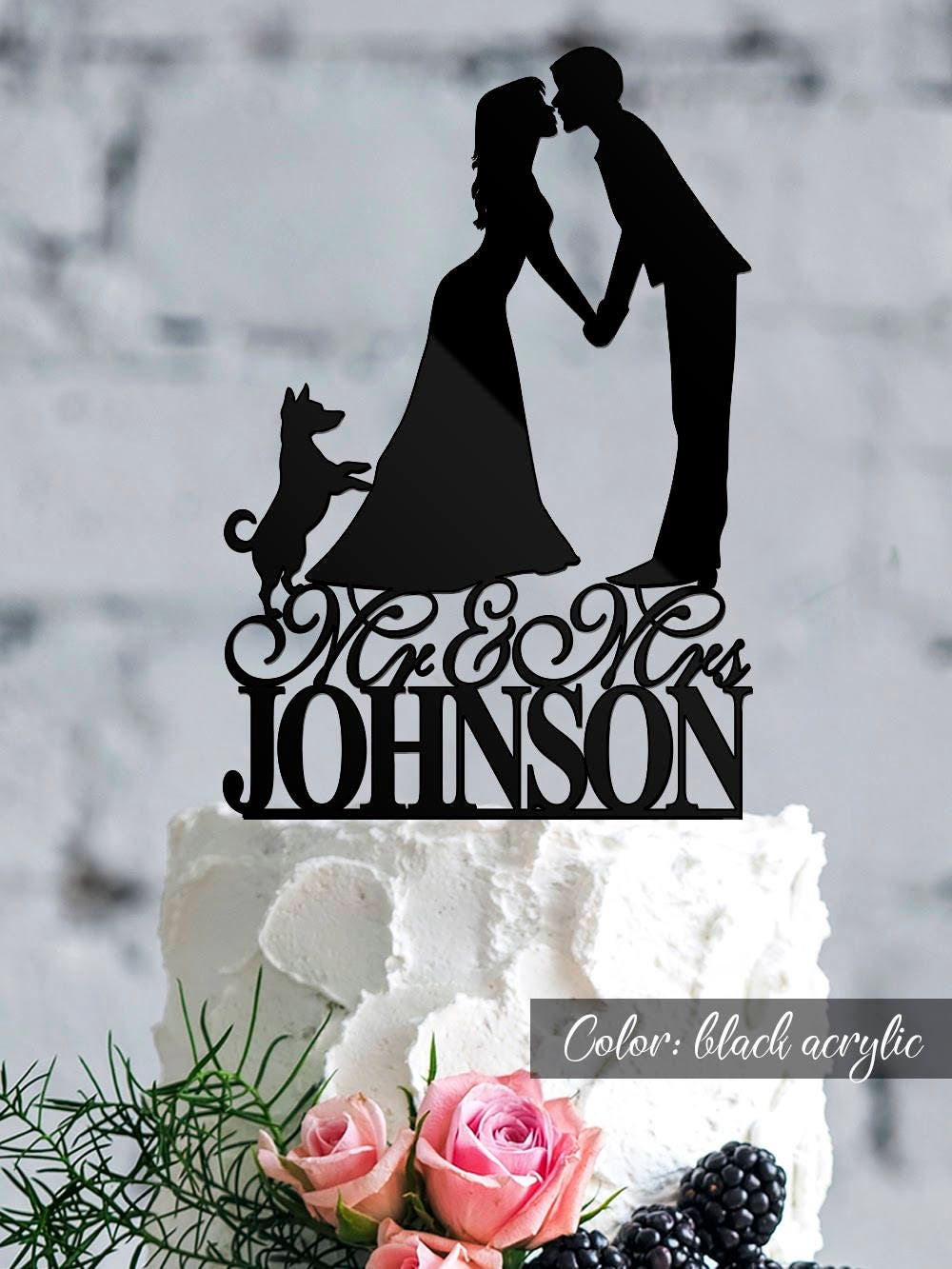 Cake Topper Mr & Mrs Silhouette Couple Bride and Groom Personalized Cake Topper Initial Cake Topper Two Cat and Dog Wedding Cake Topper Date