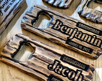 Personalized Groomsman Gift, Custom Engraved Wood Bottle Opener, Best Man Gift, Groomsmen Proposal, Wedding Party Favor