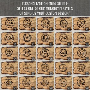 May include: Twenty-five different monogram styles are displayed on a wooden background. Each style features a combination of letters, hearts, and other decorative elements. The text "PERSONALIZATION MADE SIMPLE: SELECT ONE OF OUR MONOGRAM STYLES OR SEND US YOUR CUSTOM DESIGN." is at the top of the image.