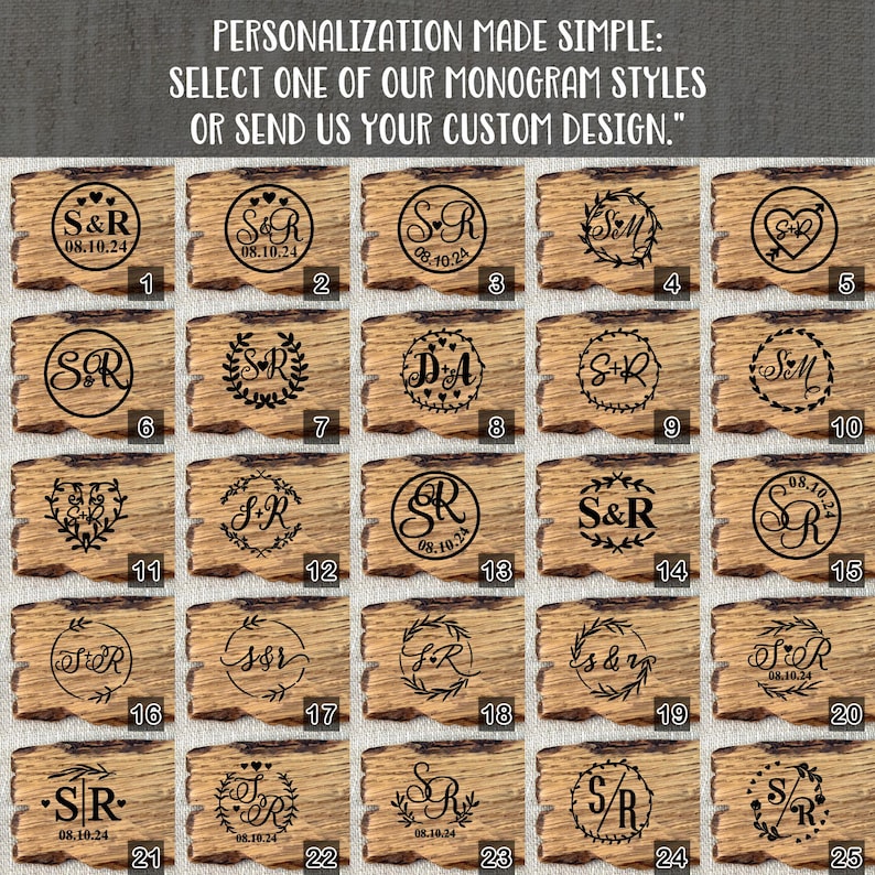 May include: Twenty-five different monogram styles are displayed on a wooden background. Each style features a combination of letters, hearts, and other decorative elements. The text "PERSONALIZATION MADE SIMPLE: SELECT ONE OF OUR MONOGRAM STYLES OR SEND US YOUR CUSTOM DESIGN." is at the top of the image.