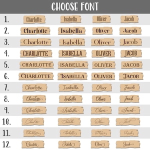 May include: A chart with 12 rows showing different font styles for the names Charlotte, Isabella, Oliver, and Jacob. Each name is displayed in a different font style on a brown wooden sign.