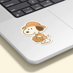 Snoopy Fall Sticker – Vintage Style Autumn Vinyl Sticker with Basket of Apples – Waterproof Glossy Decal for Laptop, Planner, Journal