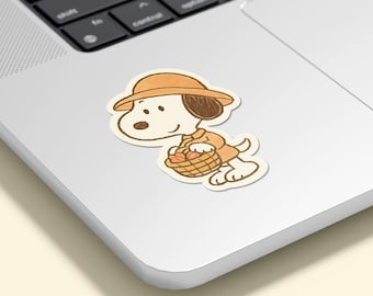 Snoopy Fall Sticker – Vintage Style Autumn Vinyl Sticker with Basket of Apples – Waterproof Glossy Decal for Laptop, Planner, Journal