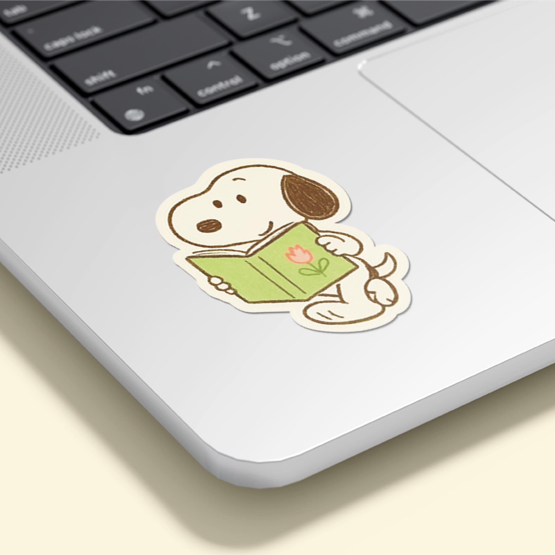 Snoopy Reading Book Sticker – Vintage Style Waterproof Vinyl – Cute Literary Sticker for Book Lovers, Teachers, or Peanuts Fans