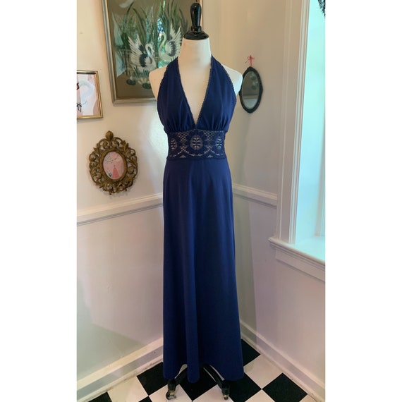 Vintage navy blue crochet lace halter maxi dress! - image 1