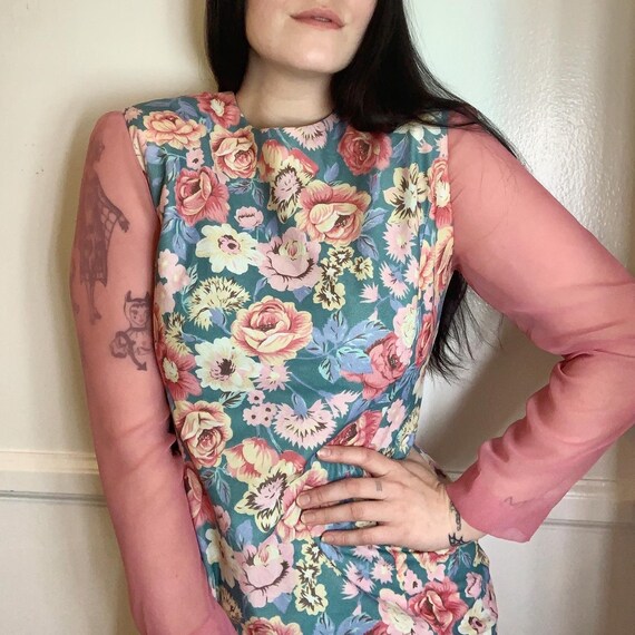 Vintage 1960's pastel floral dress with sheer pin… - image 2