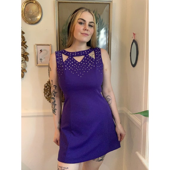 Vintage 1960's Purple Cutout Rhinestone Mini Dress - image 3