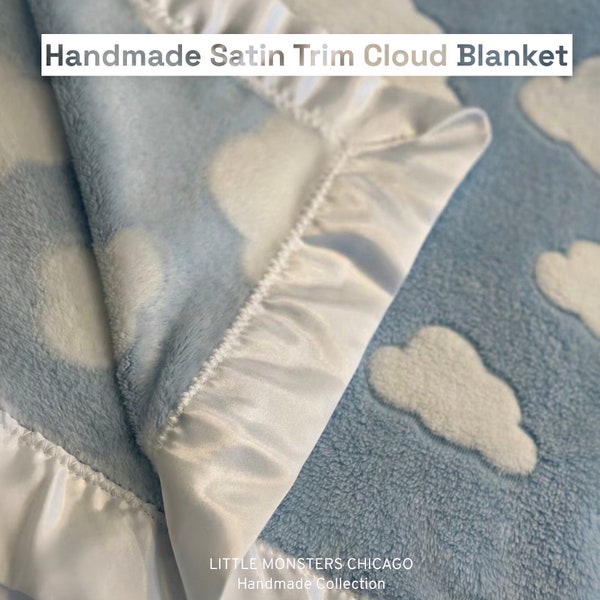 CLOUD satin trim edge baby blanket, crib blanket, stroller blanket, receiving blanket, blue and white soft blanket