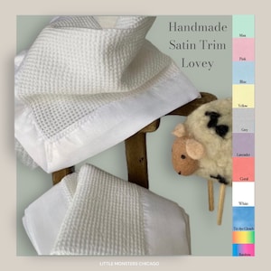 LOVEY SATIN TRIM mini baby Comfort Security Cotton Blanket with satin trim, 20&quot; x 20&quot;, 100% cotton, Infant Child handmade Heirloom Blanket