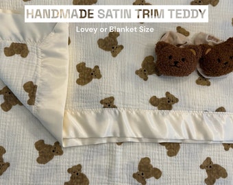 SATIN TRIM TEDDY Bear Blanket breathable Muslin Swaddle Blanket, receiving blanket for newborns, perfect baby shower gift, non-gender gift