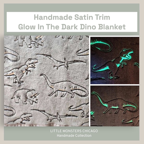 DINOSAUR GLOW satin trim edge baby blanket, crib blanket, stroller blanket, receiving blanket, glow in the dark soft blanket