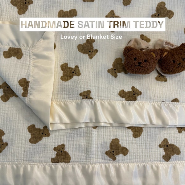 SATIN TRIM TEDDY Bear Blanket breathable Muslin Swaddle Blanket, receiving blanket for newborns, perfect baby shower gift, non-gender gift