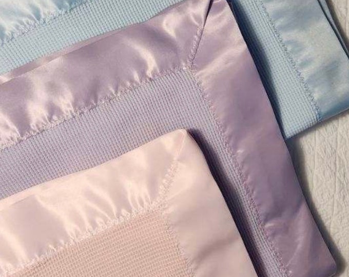 Vintage 90s Acrylic Thermal Blanket Queen White Eyelet Cotton and Satin