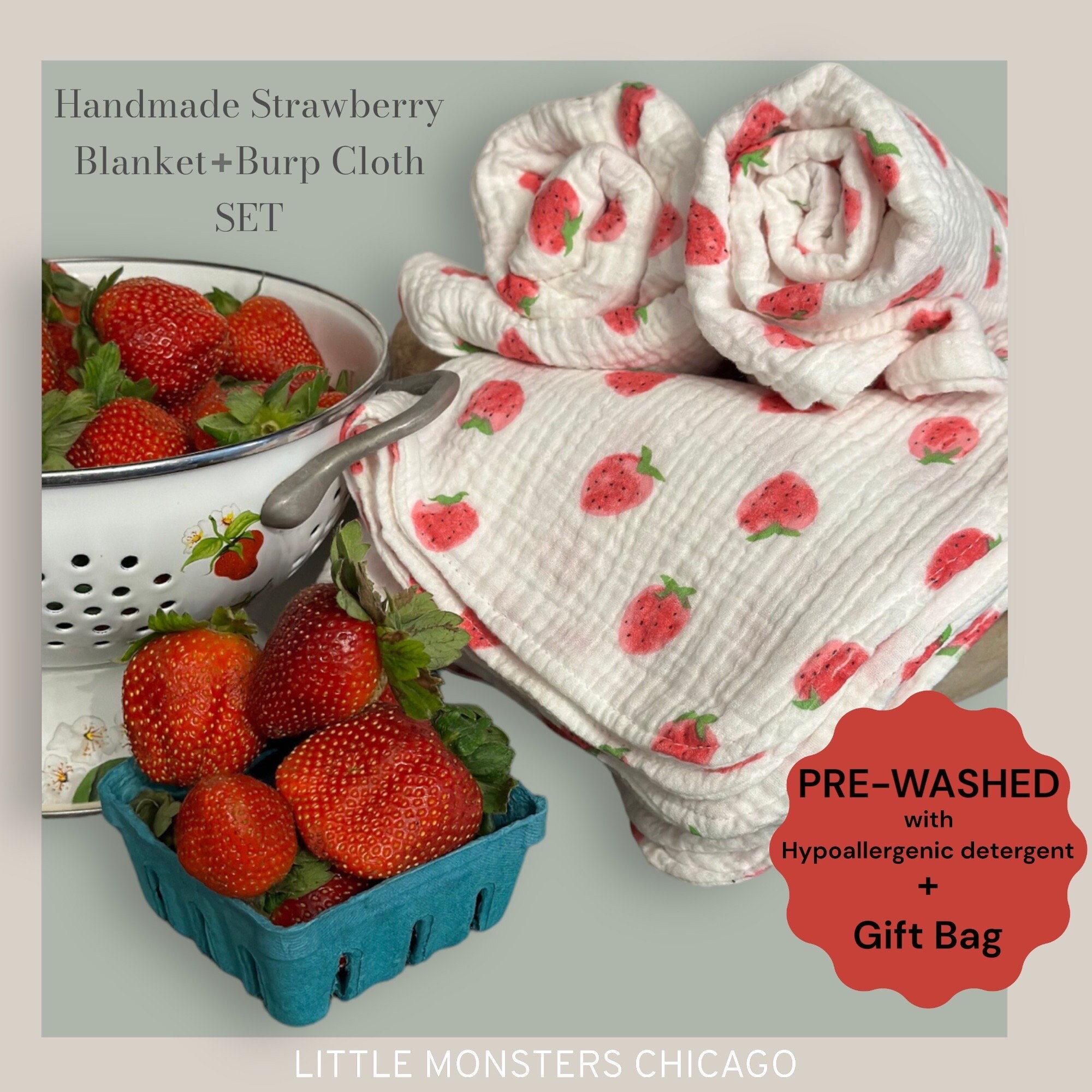STRAWBERRY Blanket and Burp Cloth SET Muslin Swaddle Stroller