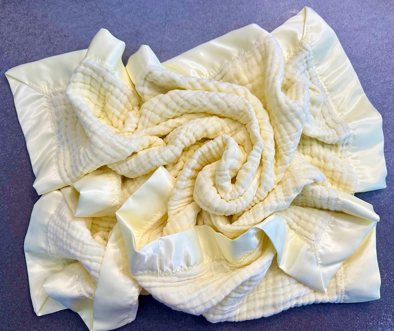 MUSLIN SATIN TRIM Baby Blanket, 6 layer muslin breathable swaddle for newborn, receiving blanket, Handmade, toddler size image 4