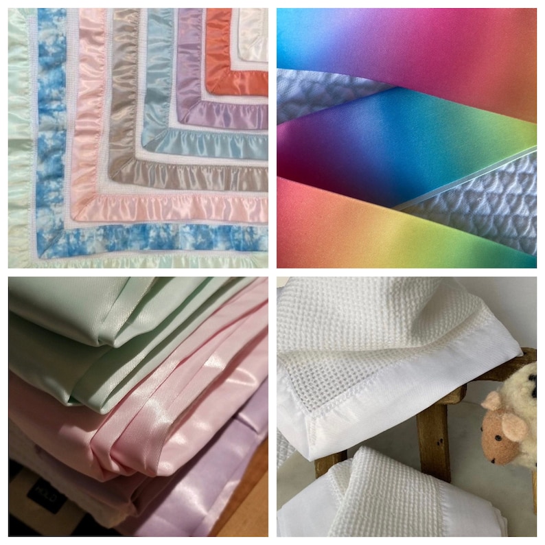 Op de afbeelding: Een collage van babydekens en linten in verschillende kleuren. De dekens hebben satijnen randen en gerimpelde randen in tinten blauw, roze en lavendel. Linten tonen een regenboogverloop. E&eacute;n deken is wit met een wafelweefsel.