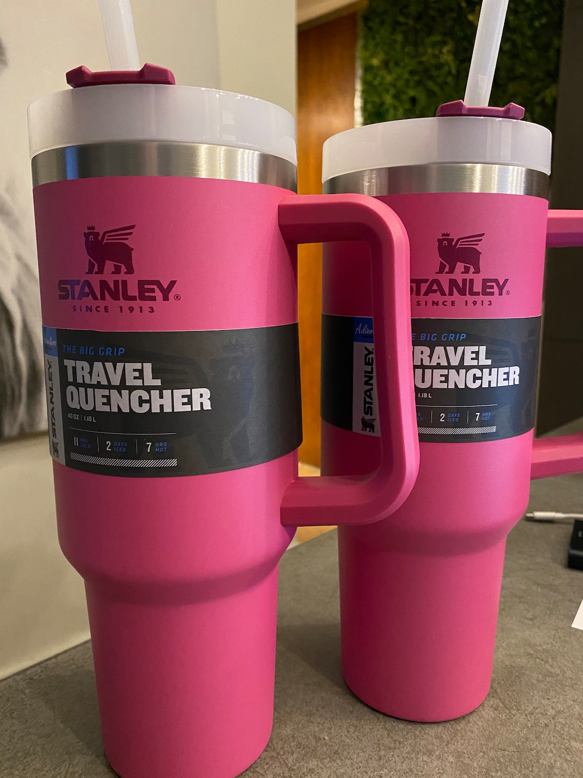 stanley travel mug with handle pink