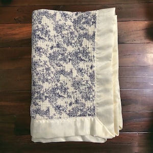 SATIN TRIM TOILE Floral french blue,  Bridgerton Secret Garden Baby Blanket breathable Muslin Swaddle Blanket, receiving blanket, non-gender