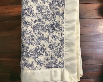 SATIN TRIM TOILE Floral french blue,  Bridgerton Secret Garden Baby Blanket breathable Muslin Swaddle Blanket, receiving blanket, non-gender