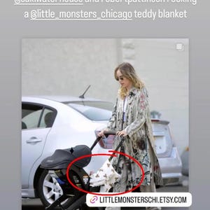 May include: A woman in a long, patterned coat pushes a stroller with a white and brown teddy bear blanket inside. The stroller has black wheels and a black canopy. The text "LITTLEMONSTERCHI.ETSY.COM" is visible in the bottom right corner of the image.