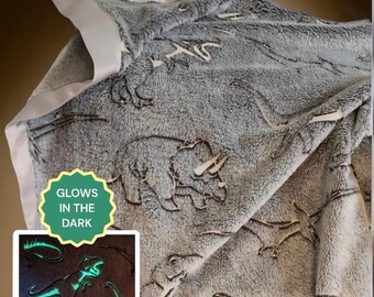 DINOSAUR Glow in the dark SATIN trim edge baby BLANKET, crib blanket, stroller blanket, receiving blanket, glow in the dark soft blanket