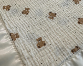 SATIN Trim Polka Dot TEDDY Bear BLANKET, breathable Muslin Swaddle Blanket, receiving blanket for newborns, perfect baby shower gift,