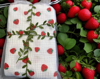 STRAWBERRY MUSLIN BLANKET set burp cloth, Muslin Swaddle stroller Blanket, receiving blanket, newborn blanket, baby shower gift, non-gender
