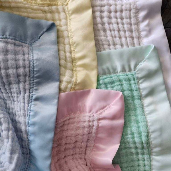MUSLIN SATIN TRIM Baby Blanket, 6 layer muslin breathable swaddle for newborn, receiving blanket, Handmade, toddler size