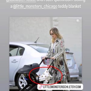 May include: A woman in a patterned coat pushes a stroller with a white and brown teddy bear blanket inside. The stroller has black wheels and a black seat. The text "LITTLEMONSTERSC.ETSY.COM" is visible in the bottom right corner of the image.