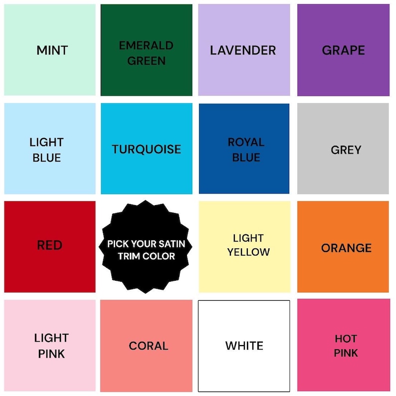Op de afbeelding: Een raster van kleurstalen, elk met een kleurnaam. Kleuren zijn mint, smaragdgroen, lavendel, druif, lichtblauw, turkoois, koningsblauw, grijs, rood, lichtgeel, oranje, lichtroze, koraal, wit en felroze. Een zwart element in het midden zegt "Kies je satijnen bieskleur."